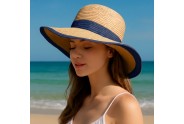 Wide Brim Paper Straw Hat w/ Color Band & Trim - Navy - HT-6039NV